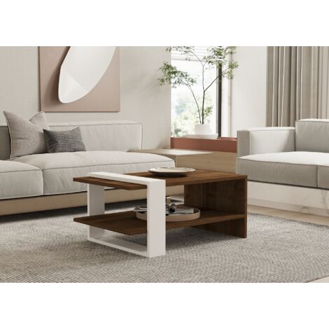 Mesa de centro bicolor en nogal y blanco con almacenaje, 80x35x50 cm, ideal para salón o sala familiar