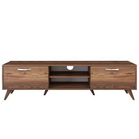 Mueble TV, 2 puertas abatibles, 2 nichos abiertos en el medio decorado en madera de nogal L180 cm