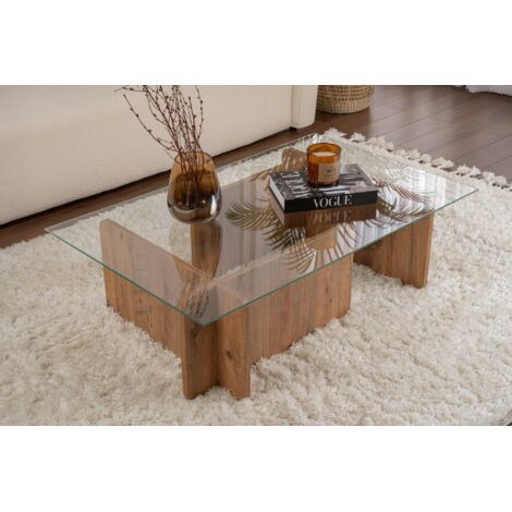 Mesa de centro rectangular nido de cristal fijo en madera de pino atlántico de 105 x 65 x 30 cm para salón u oficina (1/5)