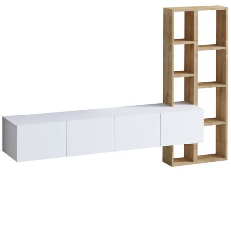Mueble de TV 4 puertas blanco con estantería de roble L182 cm - PANA (1/5)