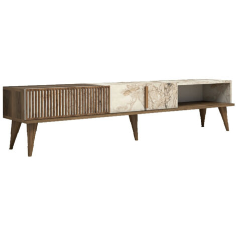 Mueble TV Kailua B102, Nuez + Mármol blanco, 180x40x35cm