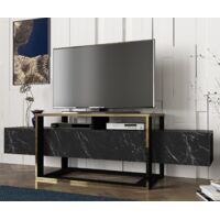 Mueble de TV negro y dorado, diseño elegante con amplio espacio de almacenamiento, 160 x 49,8 x 46,1 cm, para sala de estar u oficina de lujo.