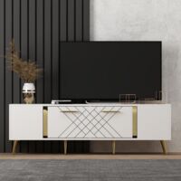 Mueble de TV, fabricado en tablero revestido de melamina, color blanco y dorado, diseño moderno.