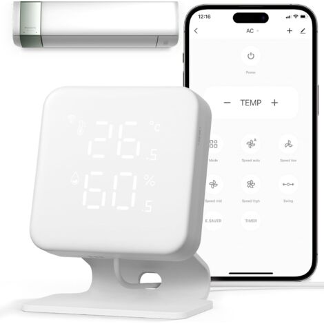 WOOX Contrôleur Intelligent sans Fil pour Climatiseur, Thermostat domotique WiFi, Thermomètre et Hygromètre intégrés, IR Télécommande avec APP, Installation Facile, Compatible avec Alexa & Google