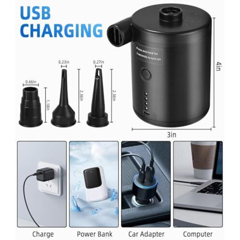 QPAU Gonfleur Électrique 4000 MAh – 3 Buses, Gonflage/Dégonflage Rapide, Pour Matelas, Bateau, Piscine
