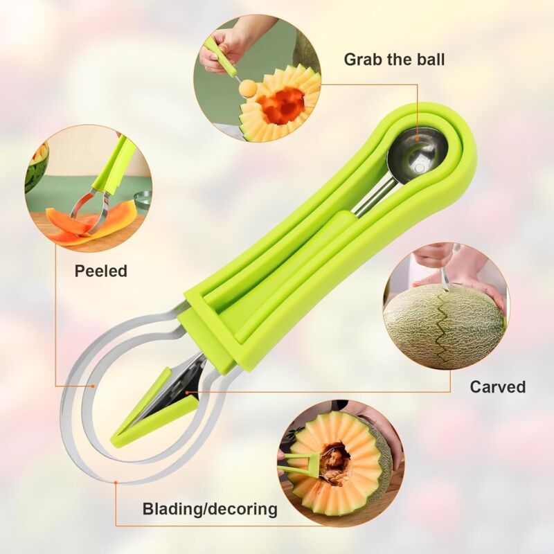 Rierousy Coupe-fruits 3 En 1 En Acier Inoxydable - Emporte-boules, Cuillère à Découper Et Glaçon Pour Pastèque Et Melon Cuillère Coupe Fruits Pratique