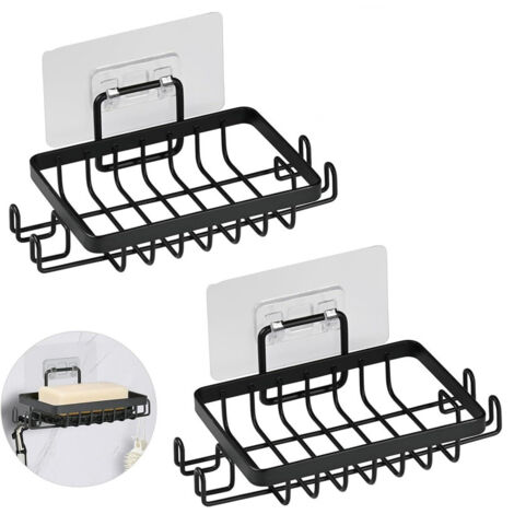 Pièces INOX Porte Savon Douche sans Perçage, Auto-Adhésif Porte Savon Mural avec Crochets et Économiseur de Savon, Support Savon Mural pour Salle de Bain et Cuisine (Noir) (1/5)