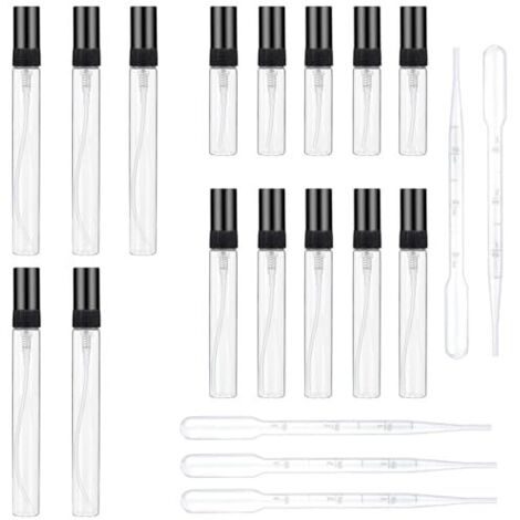 Lot de 21 Vaporisateur de Poche Portable, Mini Atomiseur de Parfum, Mini Flacon Pulvérisateur en Verre, pour Parfums et Huiles Essentielles, Cosmétiques (3ml, 5ml, 10ml) Noir avec 6 Pipettes (1/5)