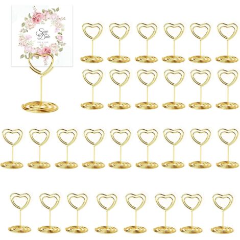 30 Pièces Or Porte Nom Table, Porte Photo Pince, Porte Photo sur Pied, Porte Cartes de Table pour Mariages, Porte Numero de Table, pour Noël Banquets Fêtes Saint Valentin (En Forme de Coeur) (1/5)