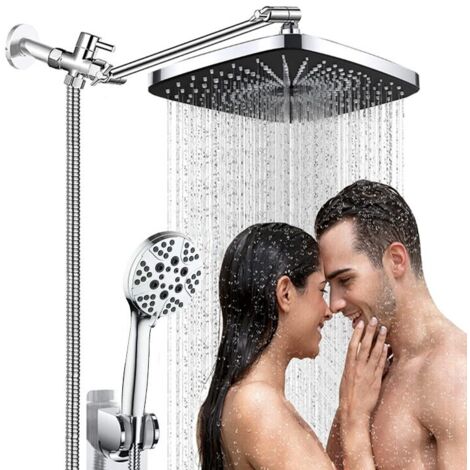 Combinaison de douchette, ensemble de douche rectangulaire de 12 pouces, pomme de douche à 4 modes, pomme de douche à main à haute pression, ensemble de robinet de douche chromé (1/4)
