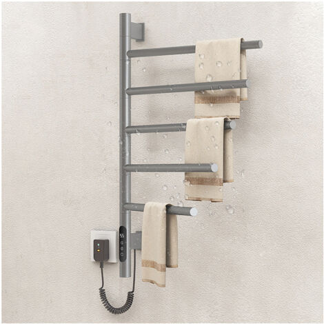 Sèche-serviette électrique 80W – 5 barres pivotantes à 180° – Acier inoxydable 304 – Chauffage rapide en 5 minutes – Minuterie et écran LED
