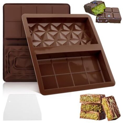 2 Pièces Moules à Chocolat Profonds avec 1 Spatule Silicone Anti-adhésif sans BPA avec Séparateurs pour Barres Énergétiques Pralines et Décors Culinaires Marron (1/5)
