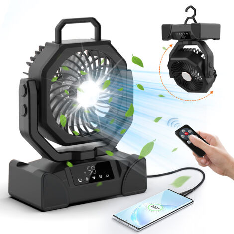 [JAMAIS UTILISÉ]20000mAh Ventilateur de Camping, Ventilateur Portable Rechargeable 5 Vitesses, Ventilateur USB Silencieux avec Lumière LED, Télécommande et Crochet，Noir