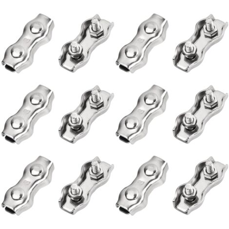 12 Pièces Serre Cable Acier Inox, M3 Pinces de Câble, Câble Métallique en Acier Double Pince, Pince de Fixation de Câble pour Fixation Corde a Linge Filin Tondeuse Cable Acier 3mm