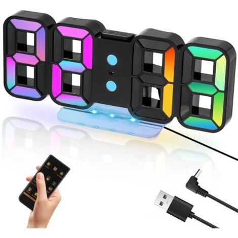 Horloge Murale Numérique Digitale Réveil LED 3D avec Télécommande Fonction Snooze Veilleuse 14 RGB Couleur 12/24 Heure Luminosité Réglage Décoration Gaming Chambre Bureau Salon Noir (1/5)
