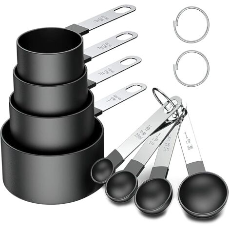 [JAMAIS UTILISÉ]Measuring Cups,  Ensembles de cuillères doseuses, Lot de 8 Ensemble cuillère à mesurer et Tasse à mesurer avec poignées en acier inoxydable pour liquides et solides (Noir)