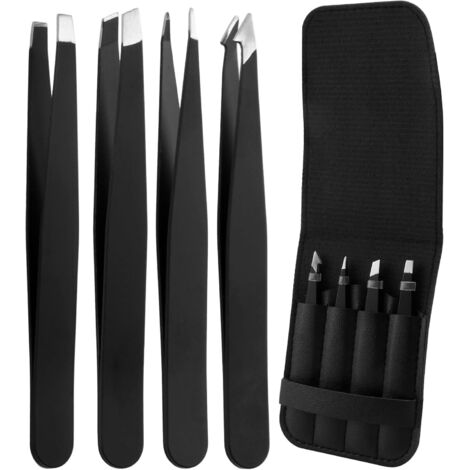 [JAMAIS UTILISÉ]4 Pièces Pince à Épiler de Précision, Professionnelle en Acier Inoxydable,Pochette de transport pratique, Revêtement Antidérapant Noir