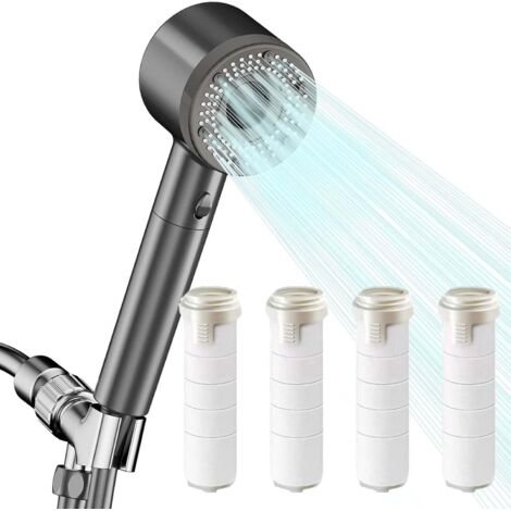 Chrome Pommeau de Douche Economie Deau, 4 Filtre Coton PP Remplaçable Pommeau Douche Anti Calcaire, 5 Modes de Jet Pommes de Douche et Douches à Main, Filtre Douche, Shower Head (Gris) (1/5)