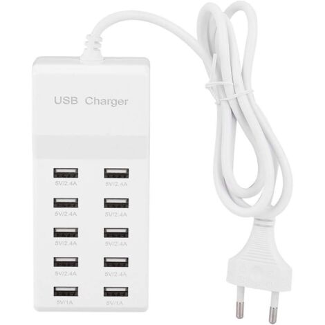 Chargeur USB 10 Ports, Rapide Intelligente, pour Téléphone Portable, Tablettes, Casques, avec Technologie D'identification Intelligente, Blanc, pour la Vie (Prise UE (1/5)
