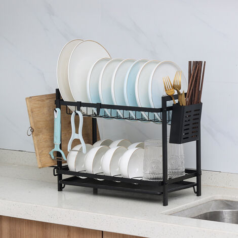 [JAMAIS UTILISÉ]Egoutoire Vaisselle Cuisine Noir à 2 Niveaux en ) INOX avec Porte-ustensiles et bac d'égouttement (1/5)
