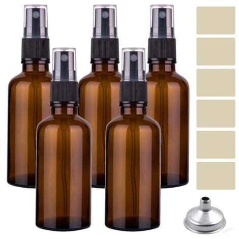 Lot de 5 vaporisateurs en verre ambré avec entonnoir et étiquettes pour nettoyer les huiles essentielles, les cosmétiques, les parfums, les cheveux, 50 ml (1/5)