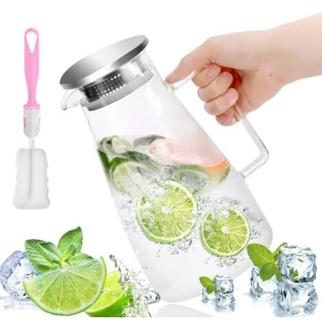[JAMAIS UTILISÉ]Carafe en Verre, 1.8L Carafe D'eau avec Couvercle et Anse Filtration Fine Cruche A Eau, pour Eau Chaude, Le Thé Glacé, Jus, Café, Lait, Vin (1/5)