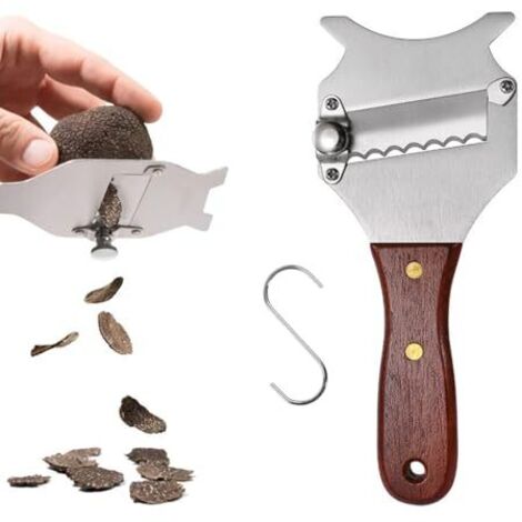 Rasoir à Truffes avec Manche en Bois, Trancheuse à Truffe Réglable, Rasoir à Truffes en Acier Inoxydable, Coupe-Truffes, avec Lame Ondulée AcierInoxydable et Crochet en S pour Chocolat Fromage Truffe (1/5)