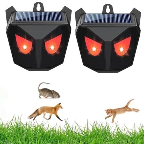 [JAMAIS UTILISÉ]Lot de 2 répulsifs solaires d'extérieur avec lumières LED clignotantes rouges - Appareil répulsif pour animaux sauvages - Étanche - Pour poulailler, chat, mouffette, loup, coyote, rena