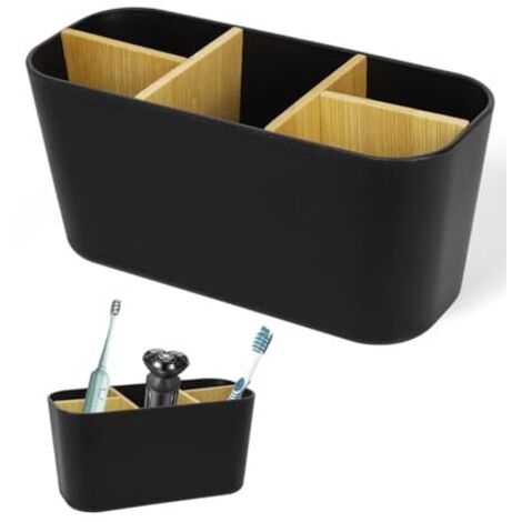 Porte-brosse à dents avec séparateurs en bambou, 5 compartnts, organisateur de salle de bain pour brosse à dents électrique, porte-brosse à dents (noir) (1/5)