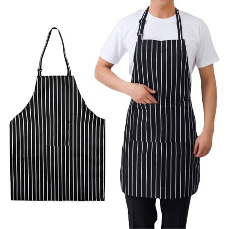[JAMAIS UTILISÉ]2 Pieces Kitchen Aprons, Adjustable Apron with Pocket, Chef Apron with Black and White Stripes, Kitchen Apron for Women, Men, Kitchen, Restaurant, Cafe, Gardening, black / white (1/5)