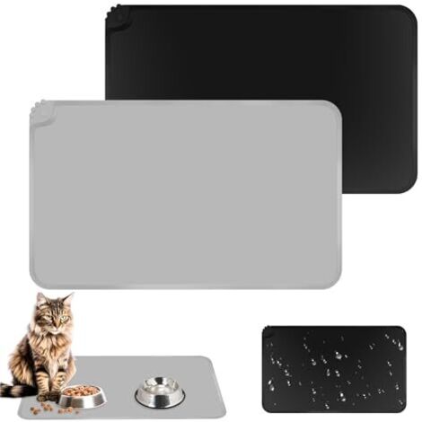 2Pcs Tapis Gamelle Chat et Chien, 48x30cm Tapis Gamelle Chien et Chat Silicone Tapis de Nourriture pour Animaux Imperméable Tapis d’Alimentation Chat Noir et Gris