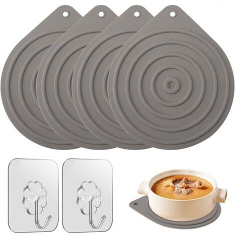 [JAMAIS UTILISÉ]Lot de 4 dessous de plat résistants à la chaleur - En silicone - Antidérapants - Pour garder les aliments au chaud - Avec deux crochets - Convient pour les casseroles, théières et bols (1/5)