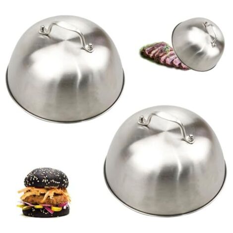 Lot de 2 Cloche Plancha, Cloche Cuisson Burger avec Poignée, Cloches à Hamburger en Acier Inoxydable, pour Cheeseburgers, Barbecue, Steak, Bacon - Passe au Lave-Vaisselle