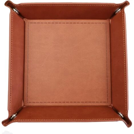 Plateau en PU Cuir, Plateau de Rangement Multifonctionnel pour Clés, Portefeuille, Bijoux et Accessoires, Résistant à l'eau et Anti-Rayures, Design Élégant, Couleur Brun (18x18 cm) (1/5)