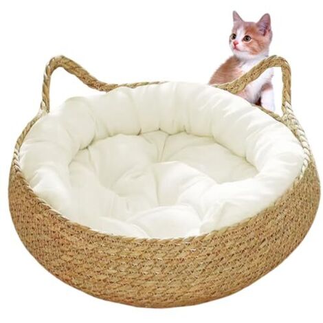 Lit de panier de chat, lit de chat tissé de 17 pouces avec coussin doux, lit de chaton en forme d'oreille de chat, panier de chat en osier rond confortable pour petits chats moyens animaux de compagn
