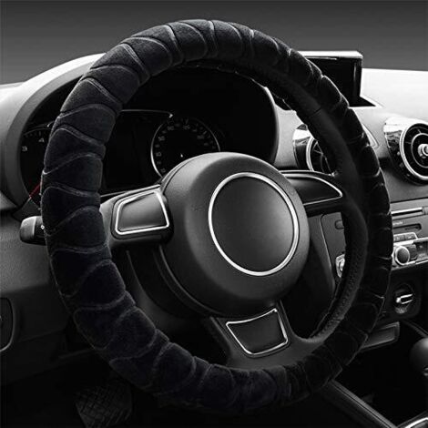 Couvre Volant Voiture Peluche, Protege Volant Voiture Universel, Housse Volant Voiture 38cm, Hiver Protection Volant Voiture, Antidérapant, Respirant (Noir) (1/5)