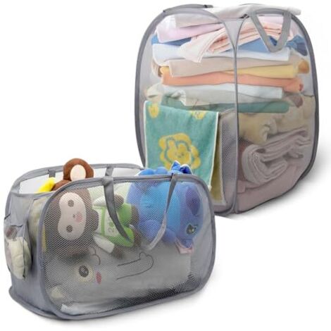 Lot de 2 Paniers à Linge Pliables, Panier à Linge Pop-Up 36x36x58 cm, Corbeille à Linge en Maille Respirante avec Poignées pour Chambre d’Enfant, Voyage et Buanderie (Noir) (1/5)