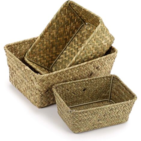Panier de rangement en jonc de mer, panier de rangement rectangulaire tissé à la main, ensemble de trois pièces (1/4)