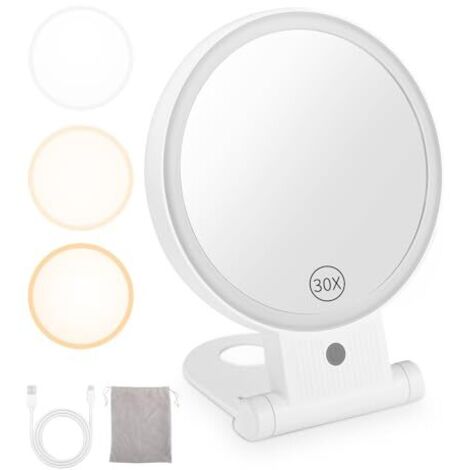 [JAMAIS UTILISÉ]Miroir grossissant avec lumière 30X,Miroir Maquillage Grossissant Lumineux,Miroir grossissant éclairé Rechargeable,Miroir Cosmétique Pliable Portable avec Sac Rangement,Cadeaux pour fê (1/5)