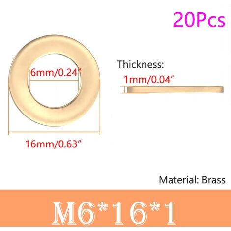 Lot de 20 Rondelle Plate, 6mm x 16mm, Rondelle d'étanchéité Circulaire, Rondelles Annulaires, Laiton Rondelle Plate pour L'étanchéité des Vis (1/5)
