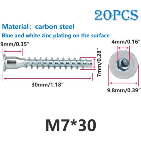 20 Pièces Vis D'Assemblage M7x30mm Vis de Connexion, Vis à Six Pans Creux, Vis de Confirmation pour Meubles, Vis à Bois pour Une Connexion Stable