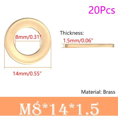Lot de 20 Rondelle Plate, 8mm x 14mm, Rondelle d'étanchéité Circulaire, Rondelles Annulaires, Laiton Rondelle Plate pour L'étanchéité des Vis (1/5)