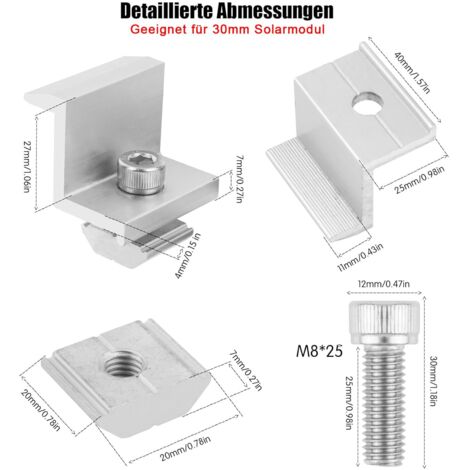 BEASAFY Lot De 4 Pinces D'Extrémité Solaires 30 Mm - Support Z Panneau Photovoltaïque Toit Plat/Trapézoïdal, Clé Allen Incluse
