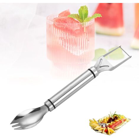2 en 1 coupe-fruits en acier inoxydable, coupe-pastèque à double tête, couteau de coupe à fourcte à fruits à double tête pour la maison, les fêtes, le camping, outil de cuisine (1 pièce)