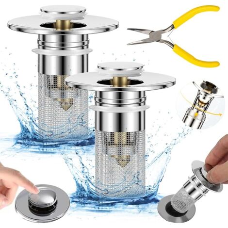 Lot de 2 filtres de vidange de lavabo - 34 à 40 mm - Universel - Pop Up - Avec tamis à cheveux - Pour bouchon de baignoire, lavabo à poser (1/5)