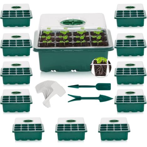 12Pcs Plateaux de Démarrage de Semences, 144 Cellules Plastique Très Résistant pour Propagation de Graines avec Dôme De Ventilation Et Socle, 20 étiquettes De Plantes, 2 Semis Outils (1/5)