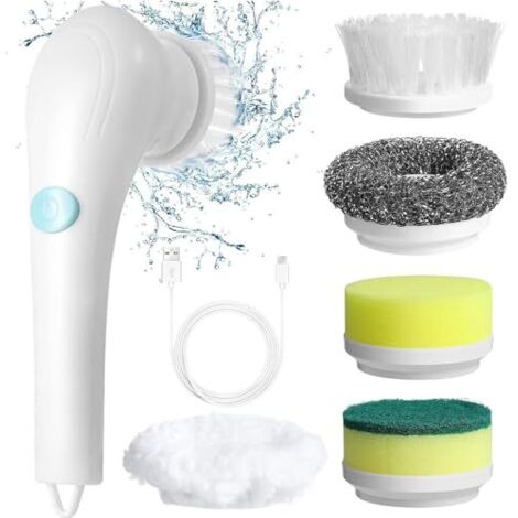 Brosse de nettoyage électrique rechargeable et cinq têtes de brosse interchangeables, sans fil, convient pour mur, sol, carrelage, baignoire, cuisine, salle de bain (1/5)
