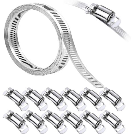Collier de Serrage Métallique Large, 4M Collier à Vis Sans Fin en Acier Inox avec 12 Attaches Pour Fixez les Tuyaux, les Tuyaux de Carburant, etc. (1/5)