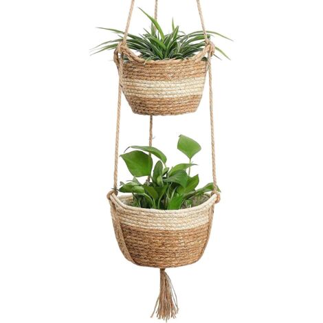 [JAMAIS UTILISÉ]Panier de Jardinière Suspendud en Jonc de Mer, 2 Taille Pot de Fleurs Tissé Intérieur Extérieur - Pots de Fleurs Couvrir Le Panier de Rangement Conteneurs de Plantes (Beige) (1/5)