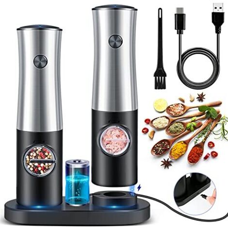 Electric Pepper Mill, Salt and Pepper Mill with Rechargeable Base, White LED Light and Adjustable Coarseness, Electric Salt and Pepper Mill 2 Pieces (A-USB rechargeable) (1/5)